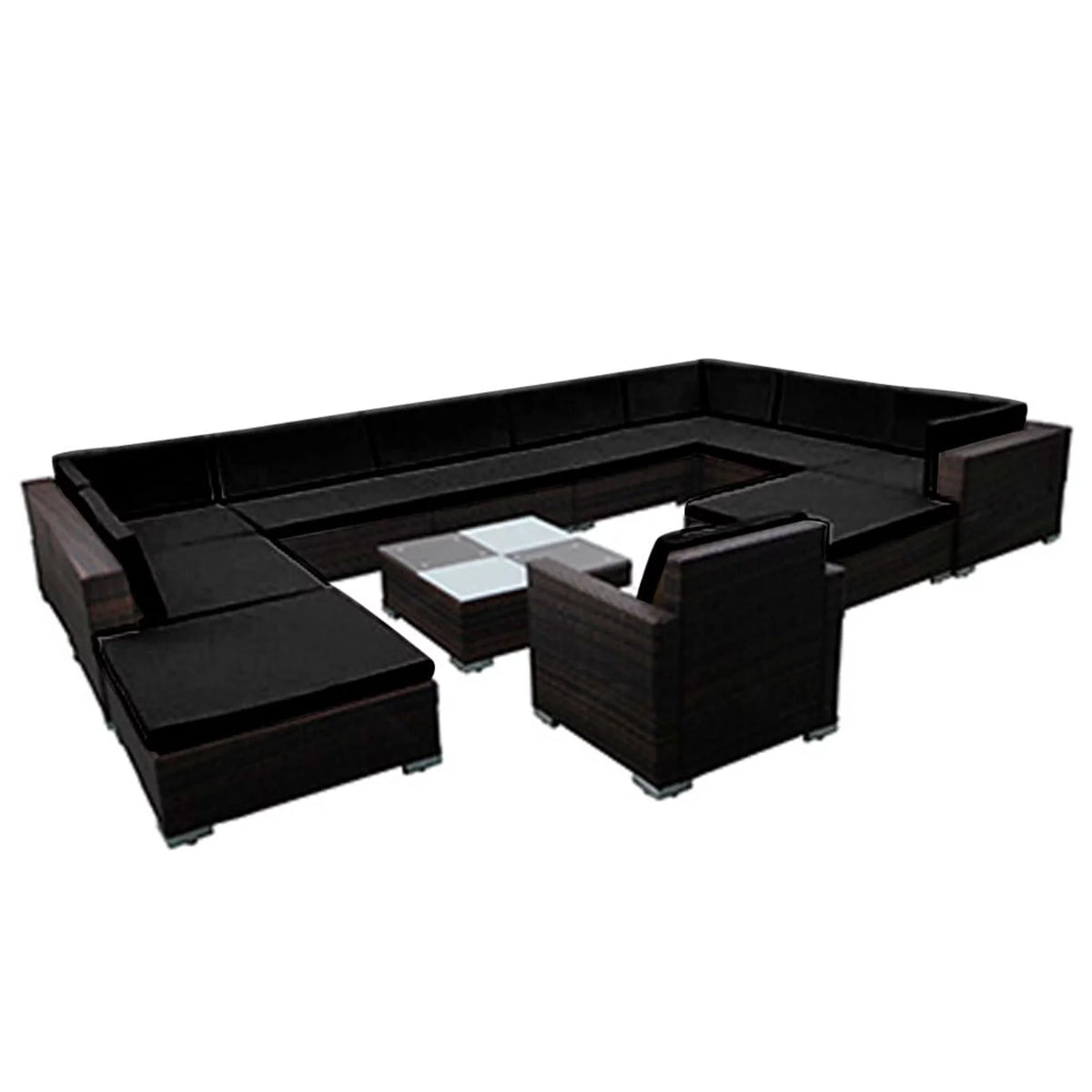 12 Piece Cushioned Patio Conversation Set with Ottomans and Tea Table Black Poly Rattan Q82657