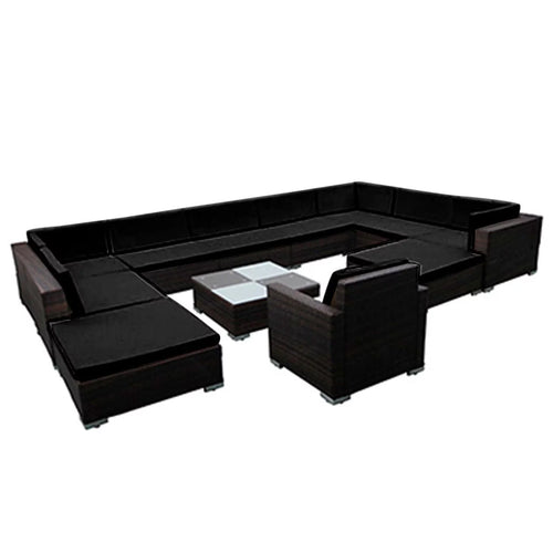 12 Piece Cushioned Patio Conversation Set with Ottomans and Tea Table Black Poly Rattan Q82657